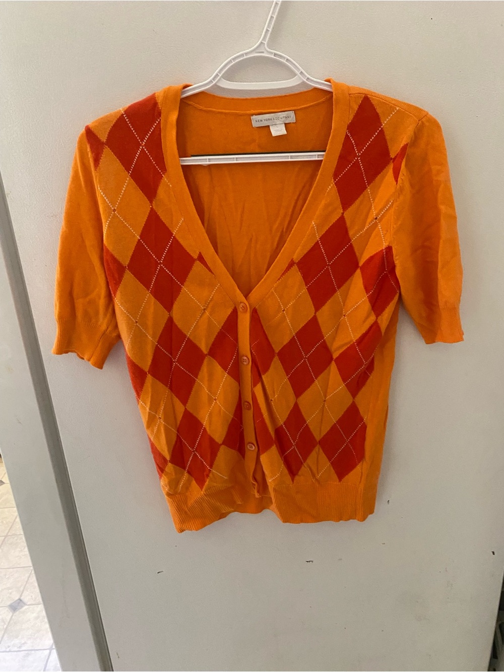 New York & Company Orange and Red Argyle V-Neck Cardigan